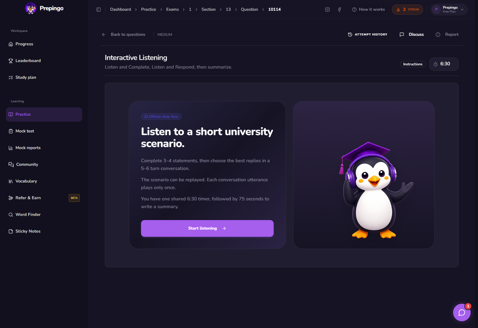 Interactive Listening practice question in Prepingo