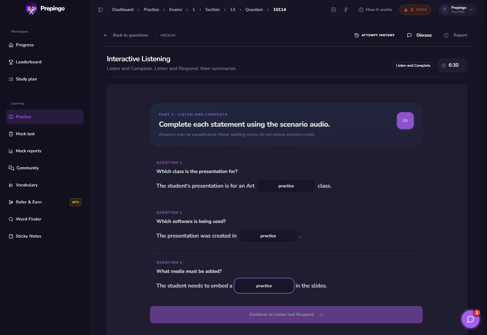 Interactive Listening answer stage 1 in Prepingo