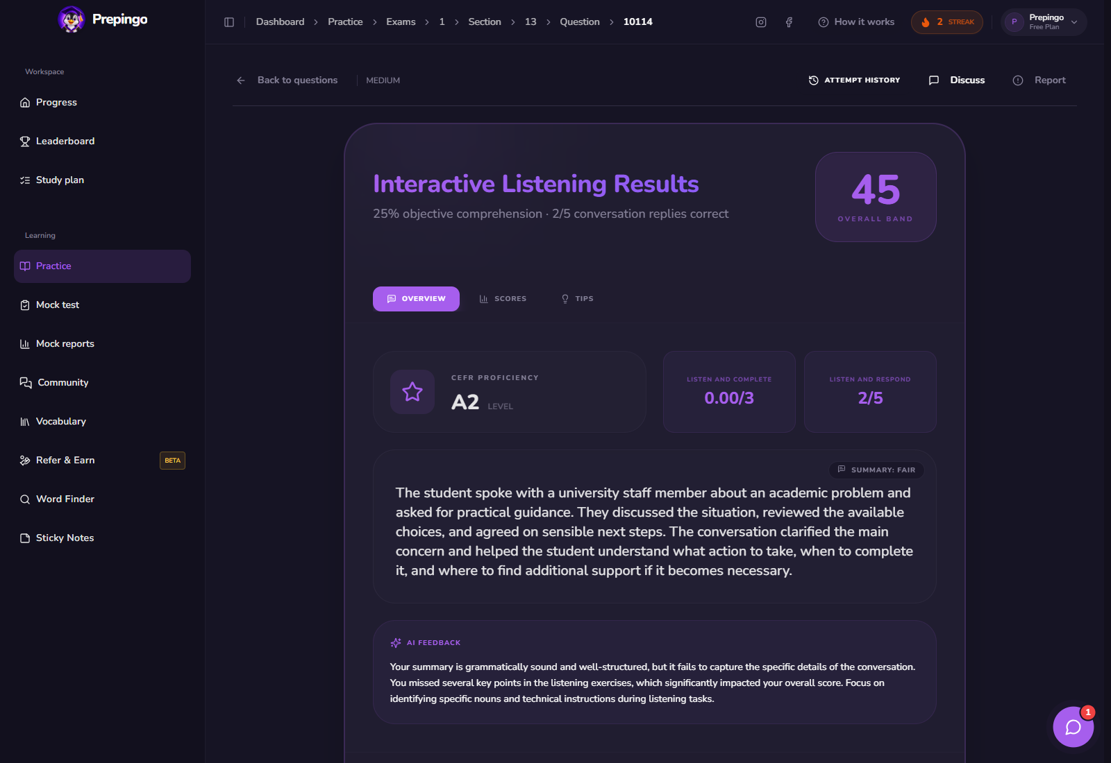 Interactive Listening result and feedback view 1 in Prepingo