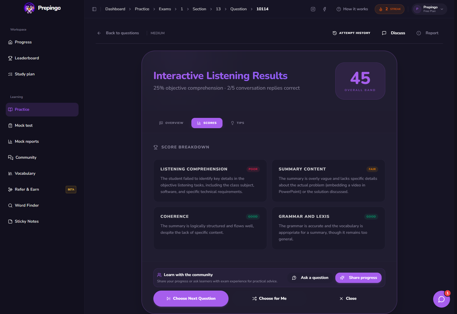 Interactive Listening result and feedback view 2 in Prepingo