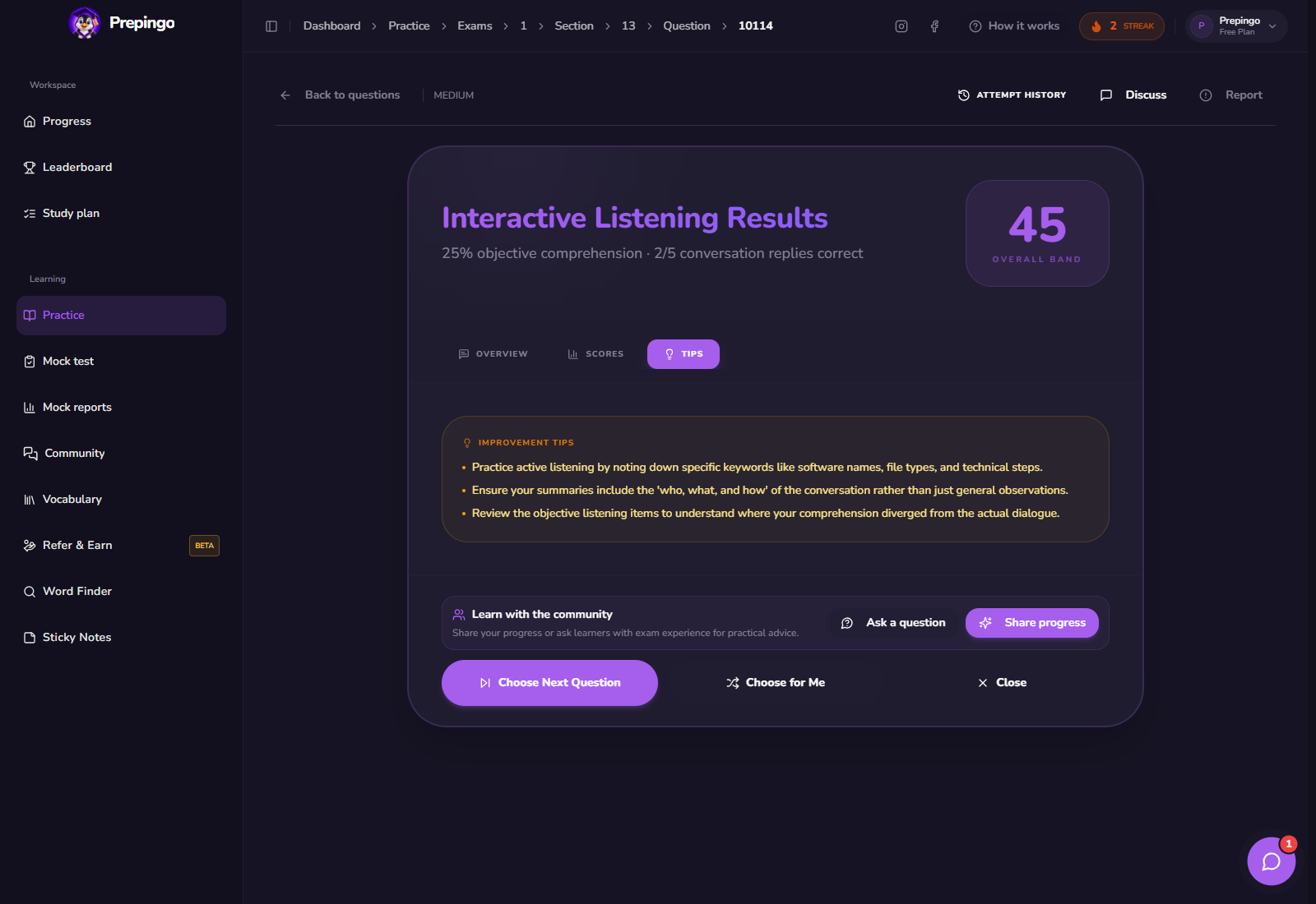 Interactive Listening result and feedback view 3 in Prepingo