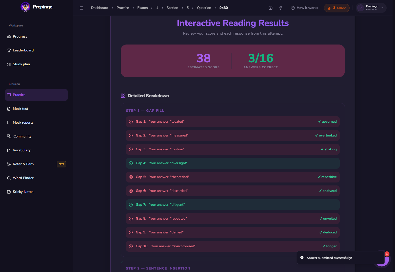 Interactive Reading result and feedback view 1 in Prepingo