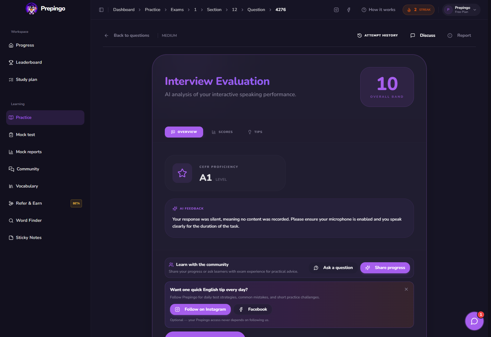 Interactive Speaking result and feedback view 1 in Prepingo
