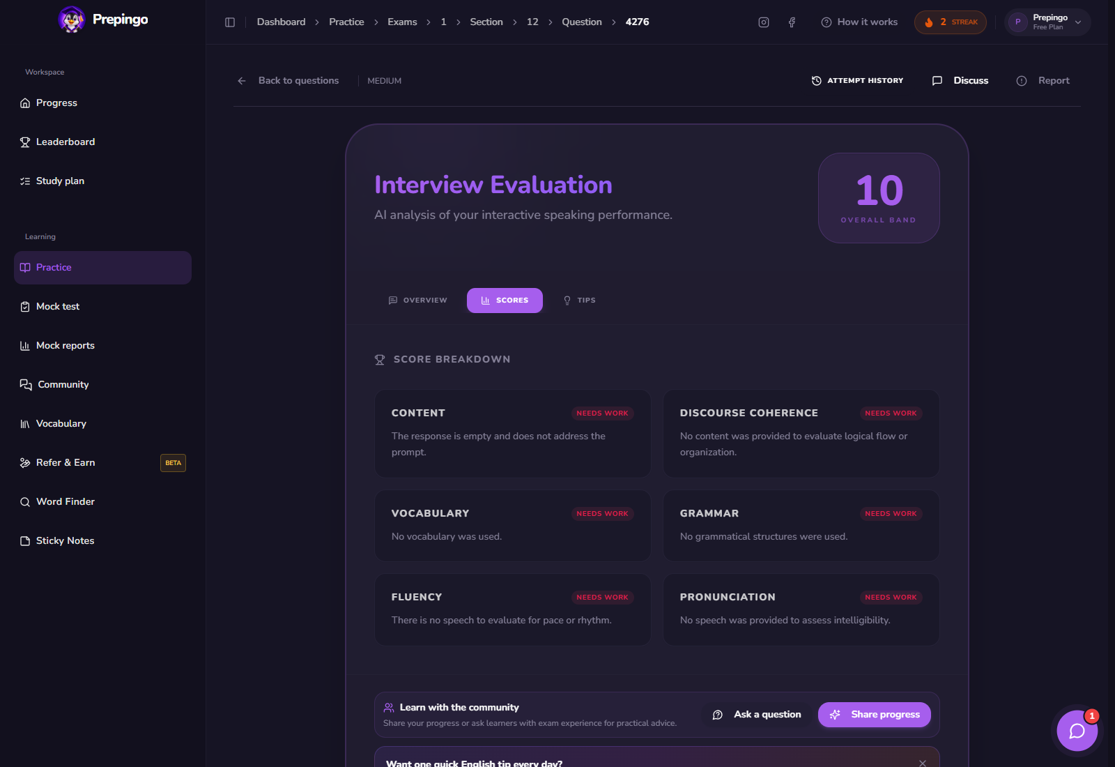 Interactive Speaking result and feedback view 2 in Prepingo