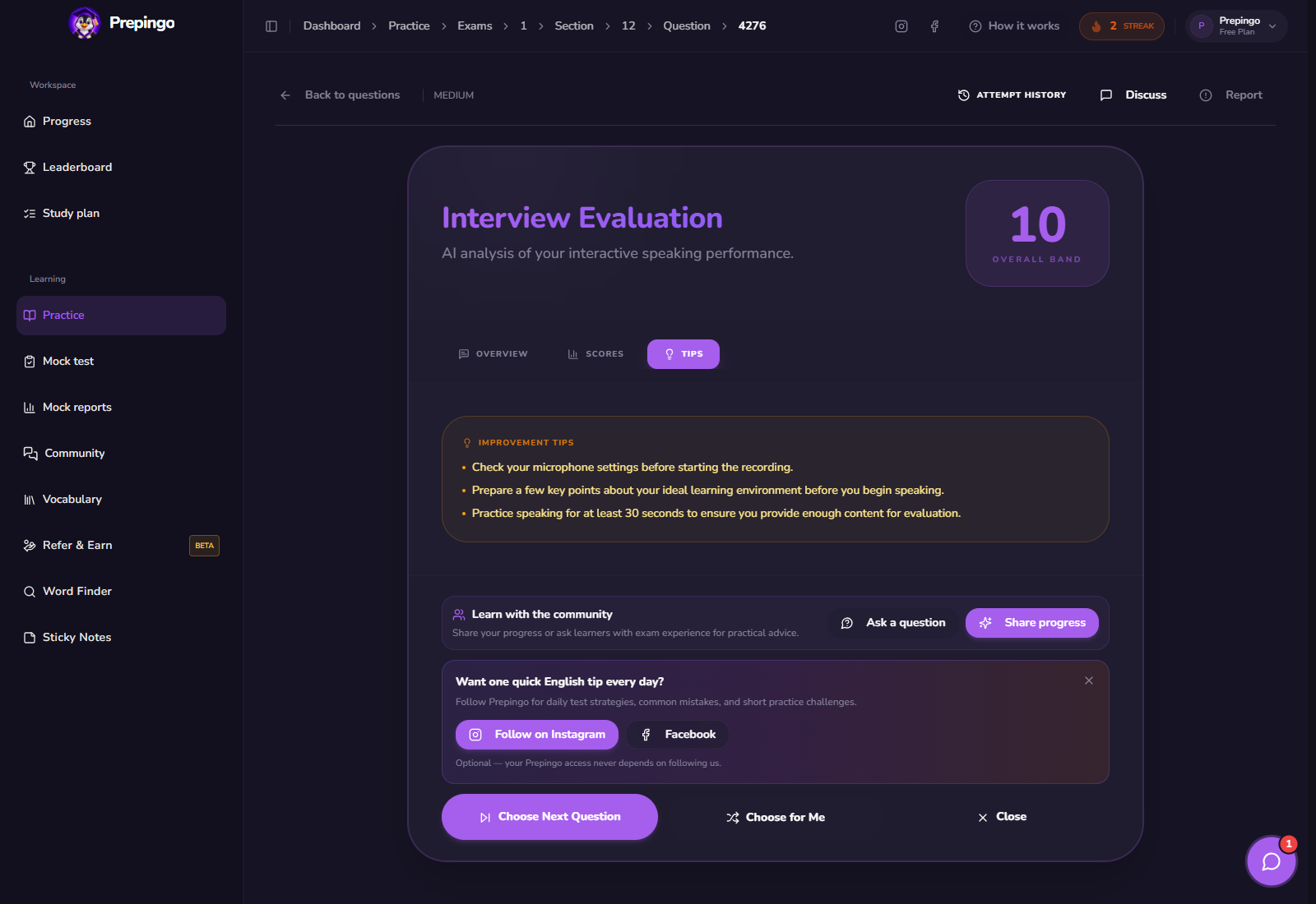 Interactive Speaking result and feedback view 3 in Prepingo