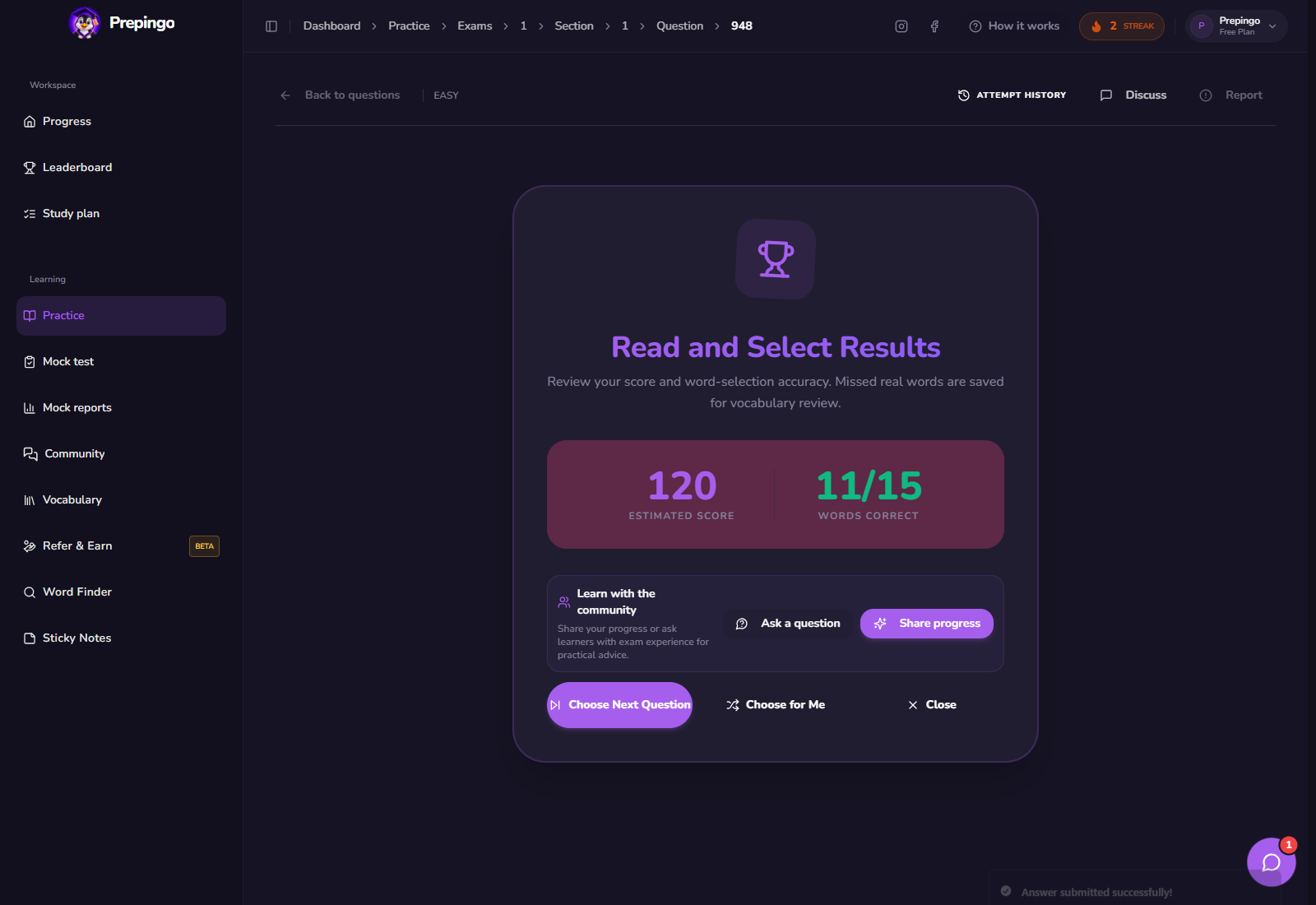 Read and Select result and feedback view 1 in Prepingo