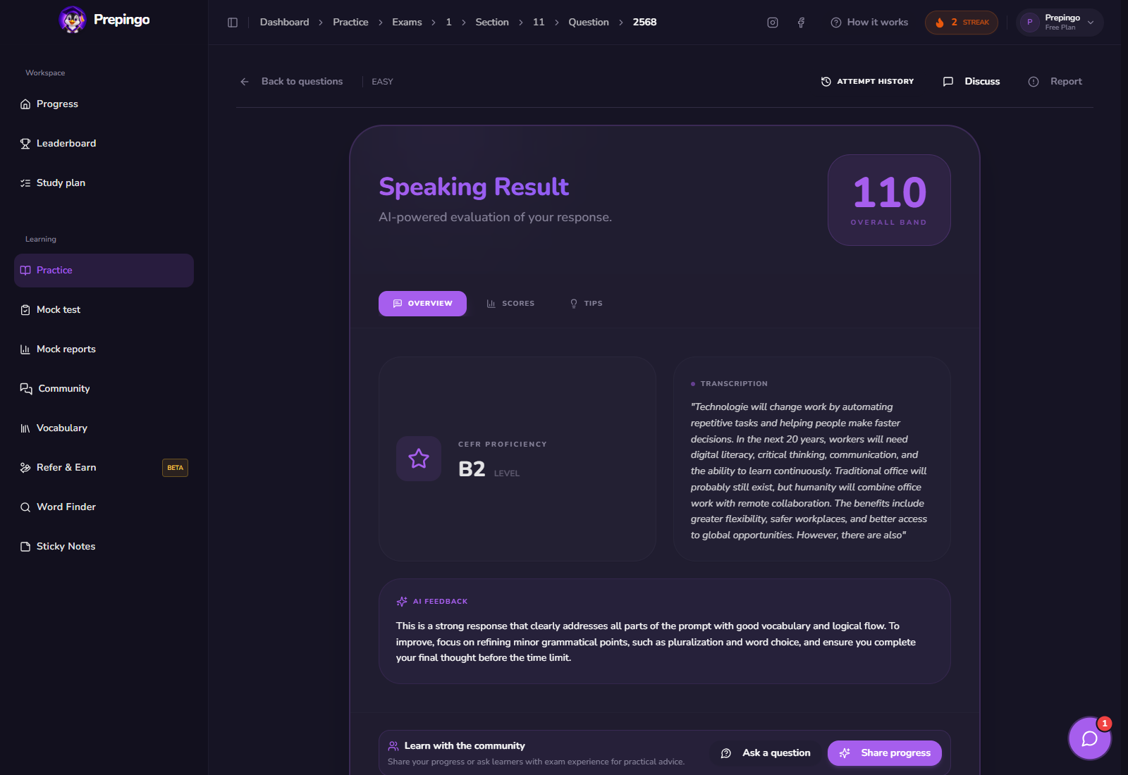 Read, Then Speak result and feedback view 1 in Prepingo