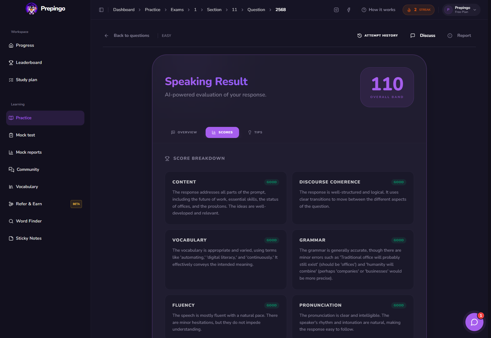 Read, Then Speak result and feedback view 2 in Prepingo