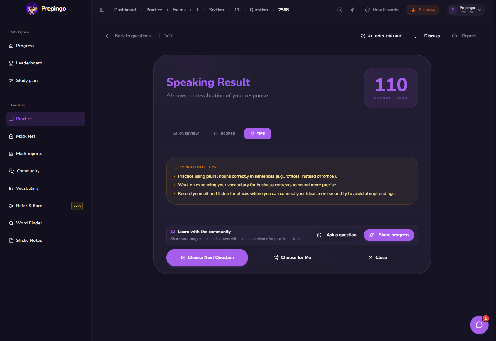 Read, Then Speak result and feedback view 3 in Prepingo