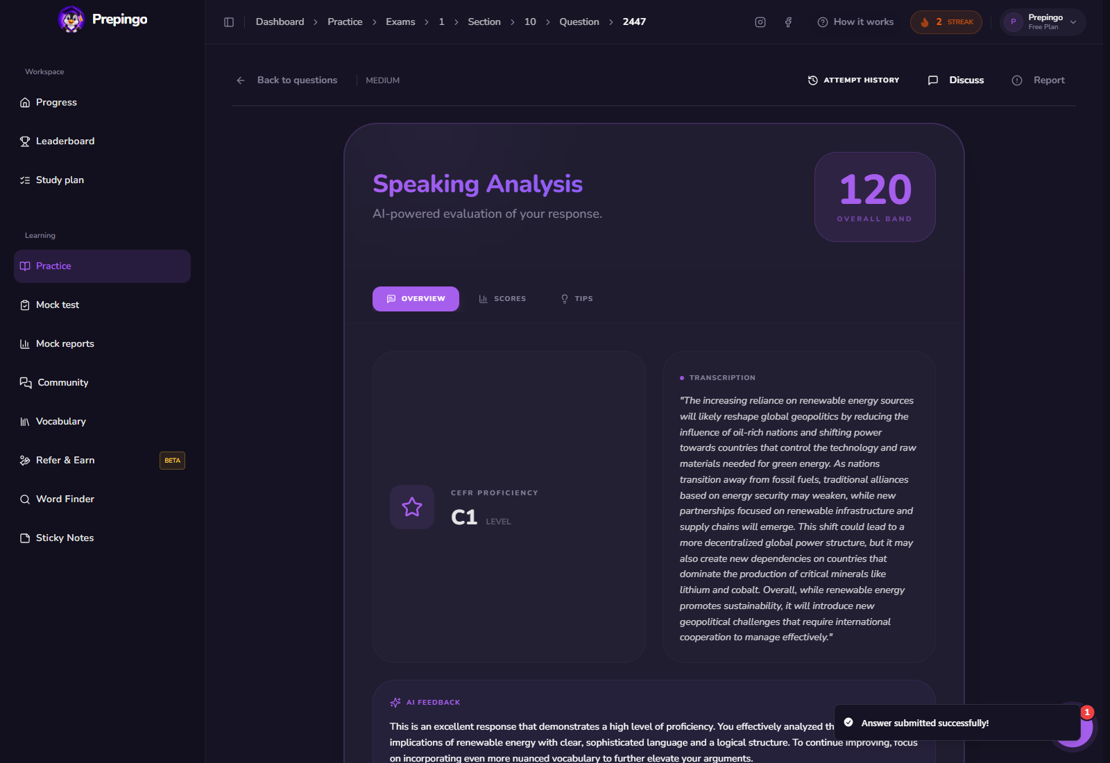 Speaking Sample result and feedback view 1 in Prepingo