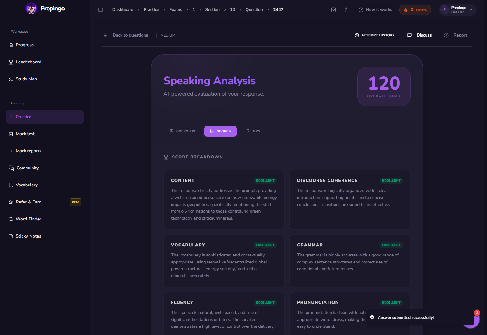 Speaking Sample result and feedback view 2 in Prepingo
