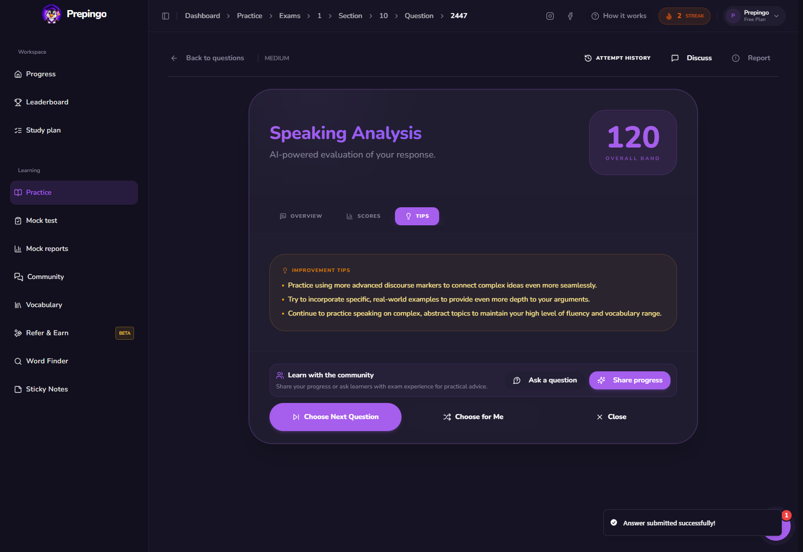Speaking Sample result and feedback view 3 in Prepingo
