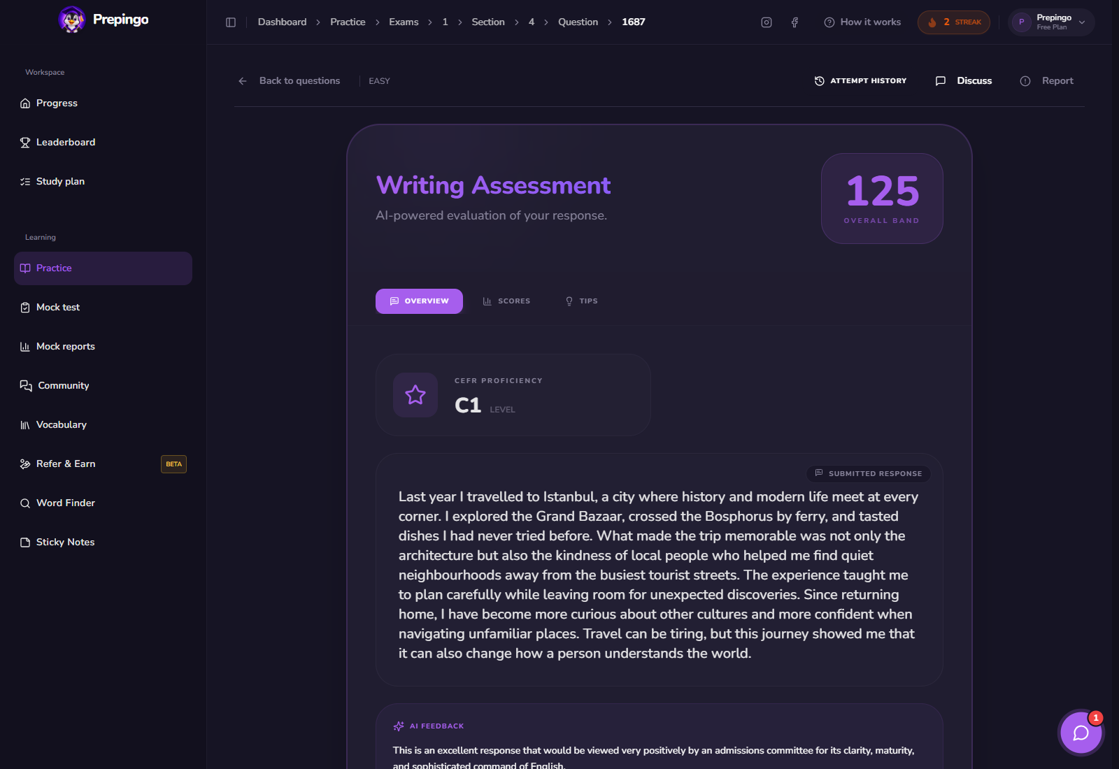 Writing Sample result and feedback view 1 in Prepingo