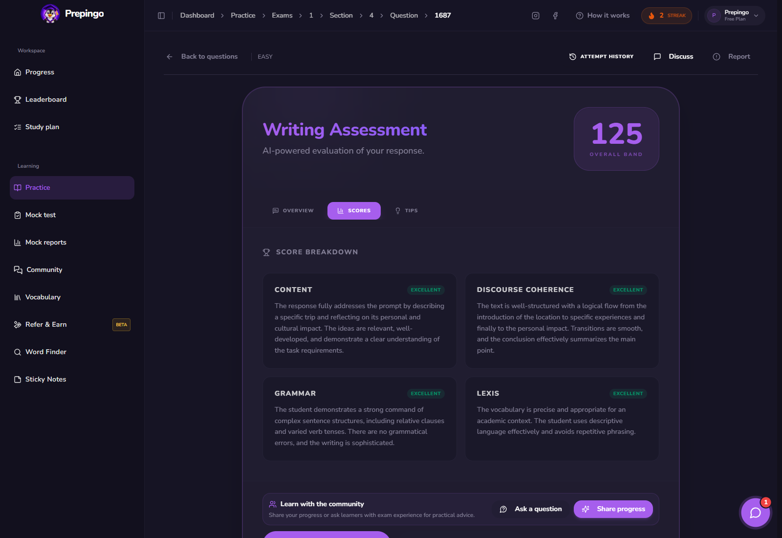 Writing Sample result and feedback view 2 in Prepingo