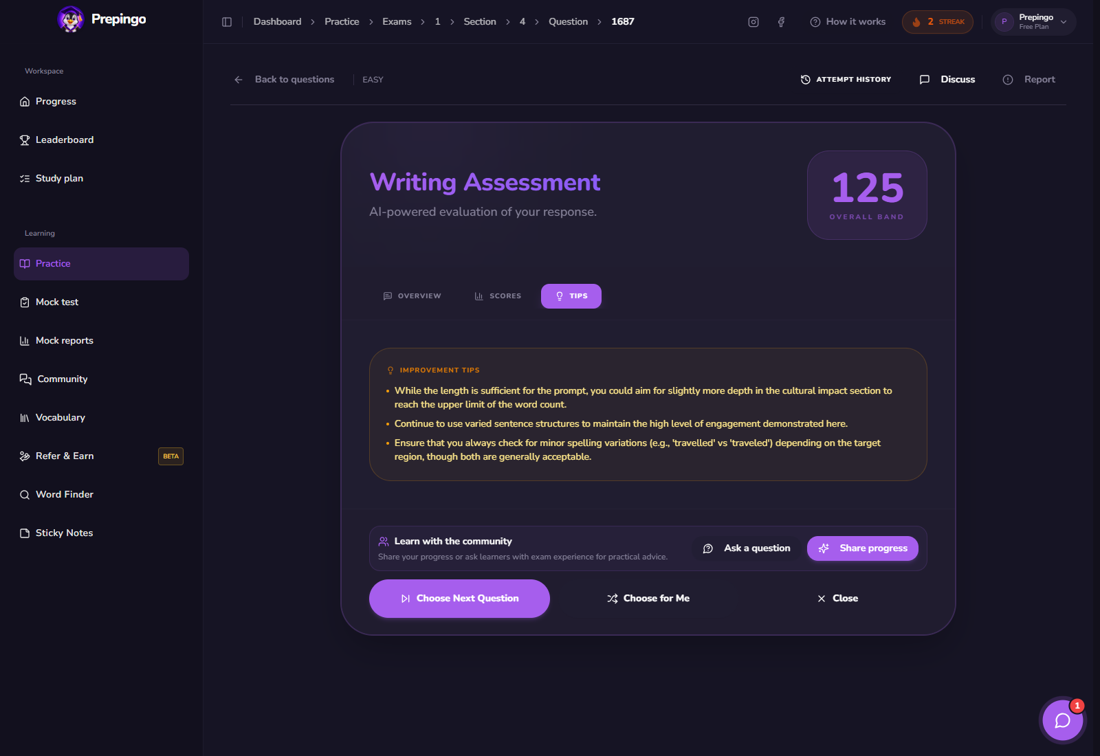 Writing Sample result and feedback view 3 in Prepingo